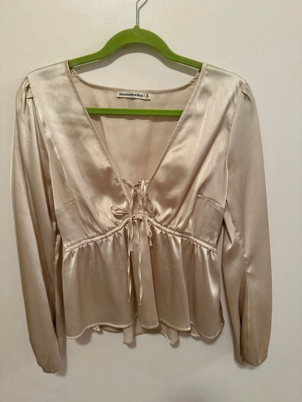 Abercrombie & Fitch Ivory Satin Tie-Front V-Neck Blouse